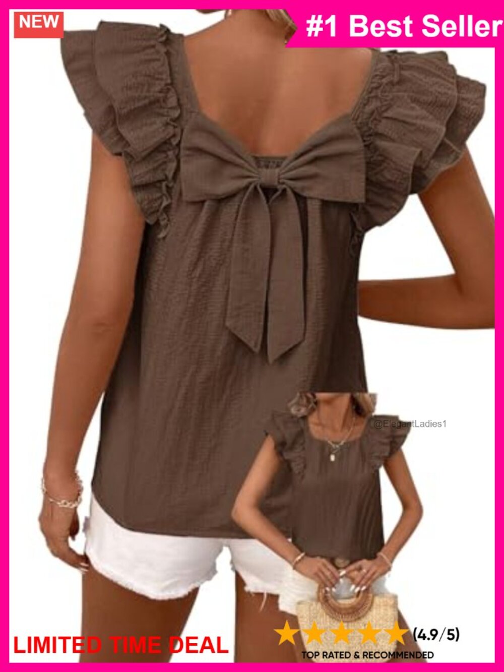 Womens Bow Tie Back Babydoll Ruffle Short Sleeve Blouse Vneck Top